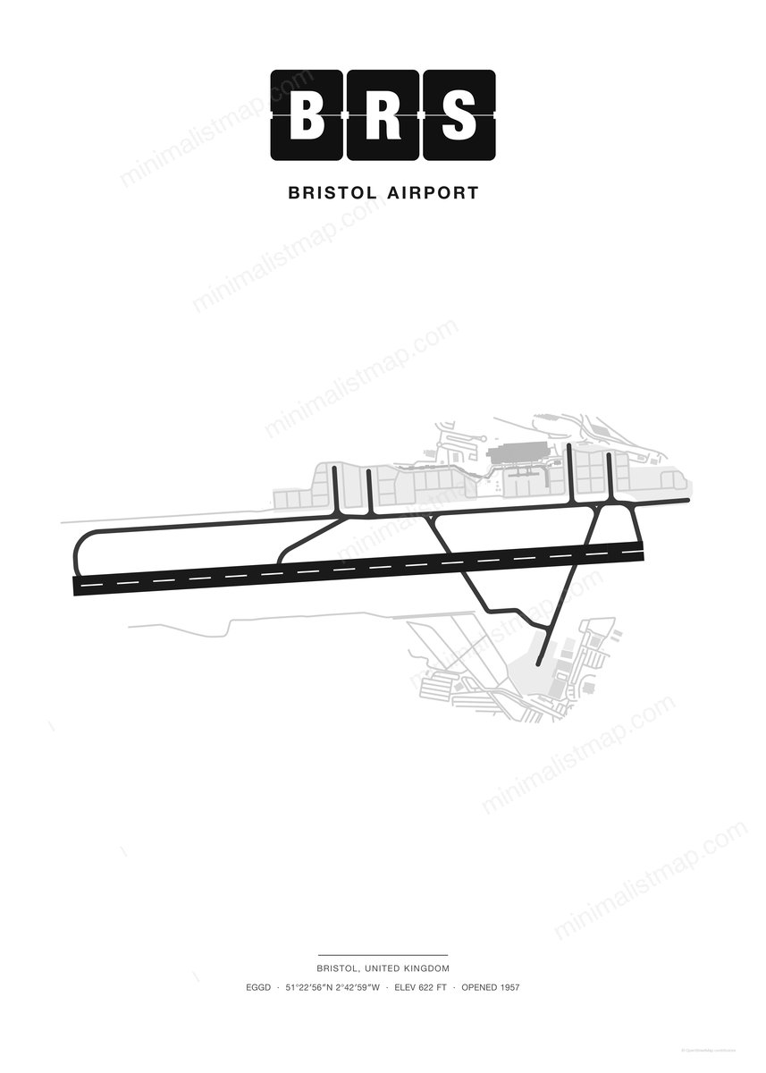 BRS Bristol Airport map poster, Classic style, minimalist black and white airport map