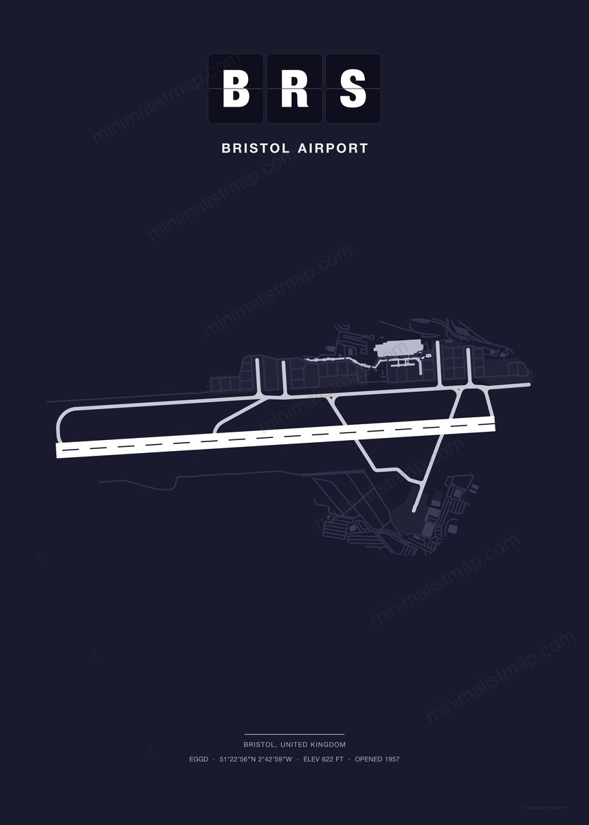 BRS Bristol Airport map poster, Dark style, minimalist navy airport map