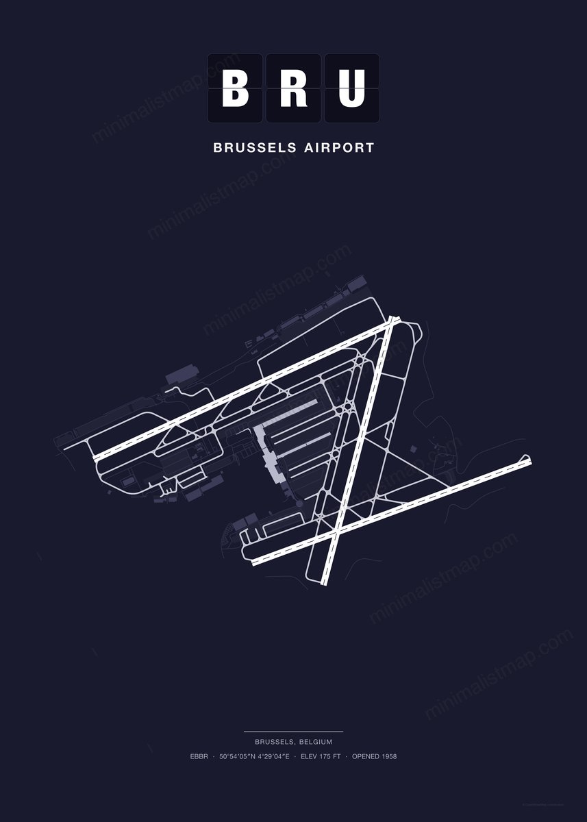 BRU Brussels Airport map poster, Dark style, minimalist navy airport map