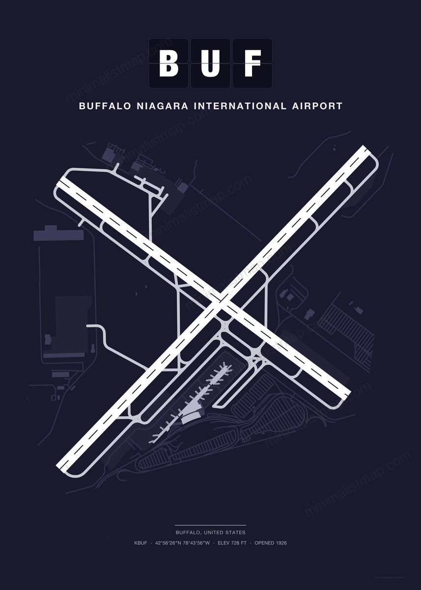 BUF Buffalo Niagara International Airport map poster, Dark style, minimalist navy airport map