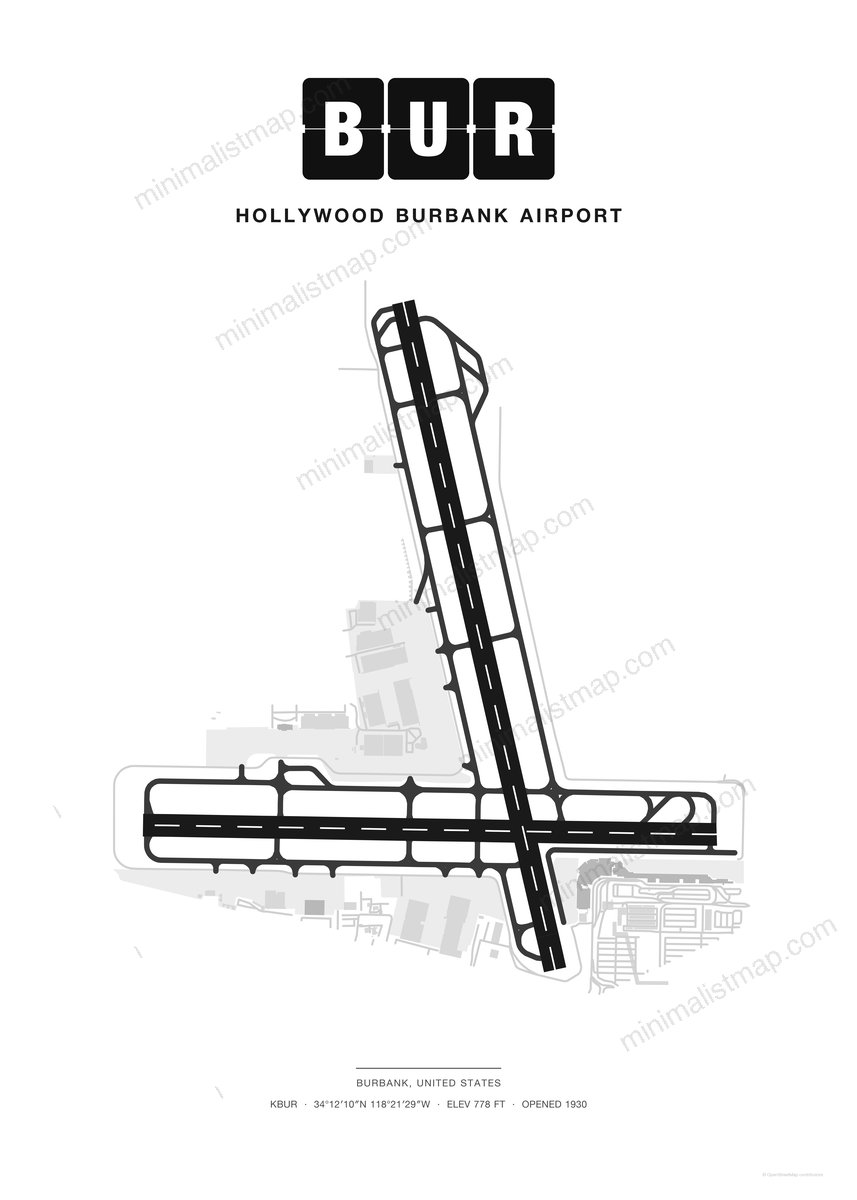 BUR Hollywood Burbank Airport map poster, Classic style, minimalist black and white airport map