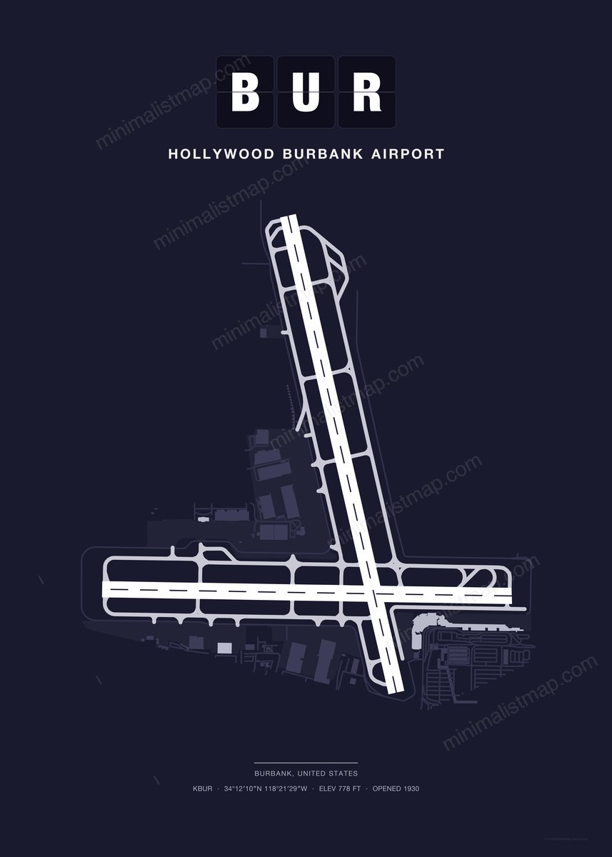 BUR Hollywood Burbank Airport map poster, Dark style, minimalist navy airport map