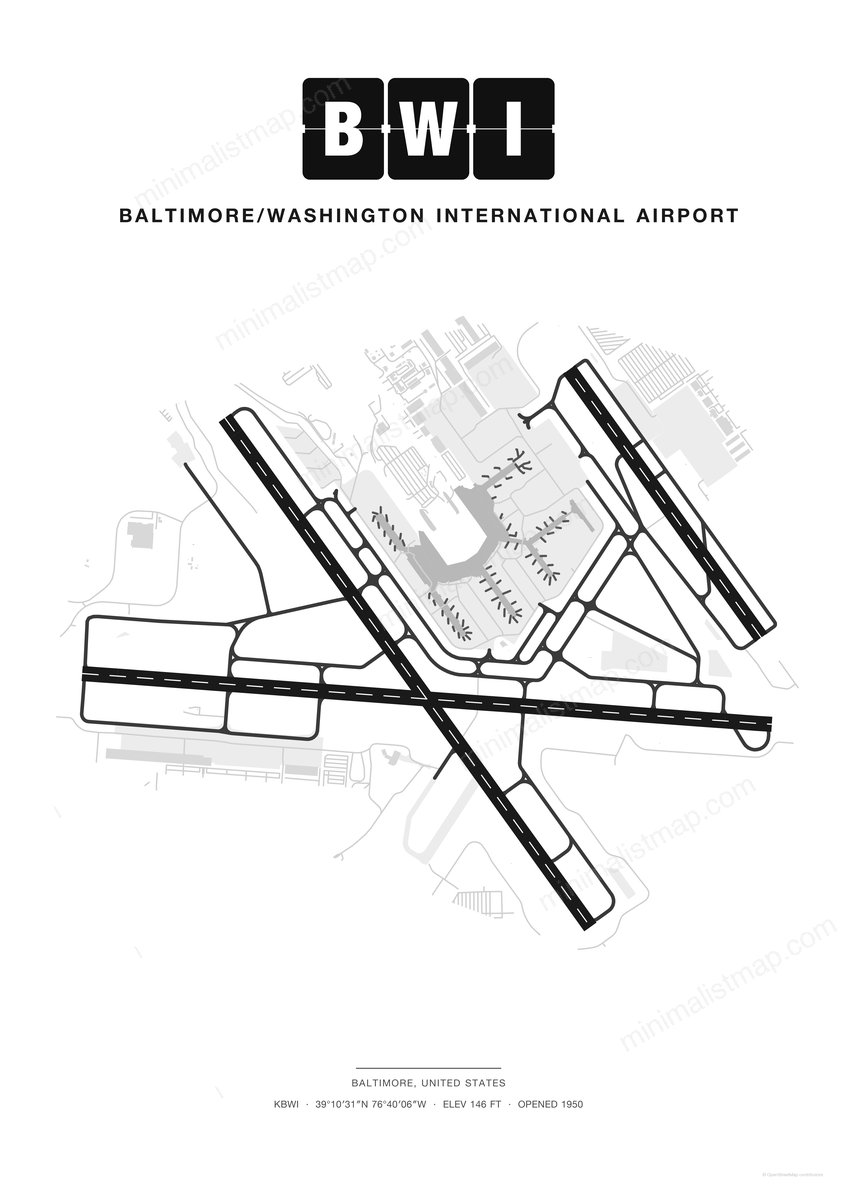 BWI Baltimore/Washington International Airport map poster, Classic style, minimalist black and white airport map