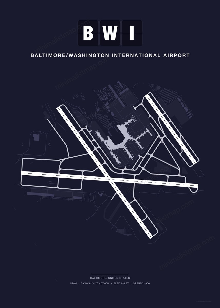 BWI Baltimore/Washington International Airport map poster, Dark style, minimalist navy airport map
