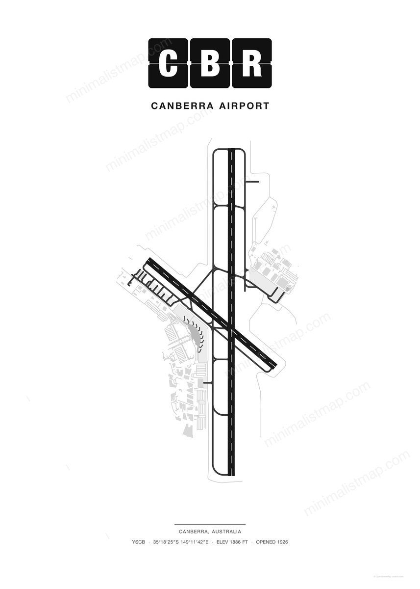 CBR Canberra Airport map poster, Classic style, minimalist black and white airport map