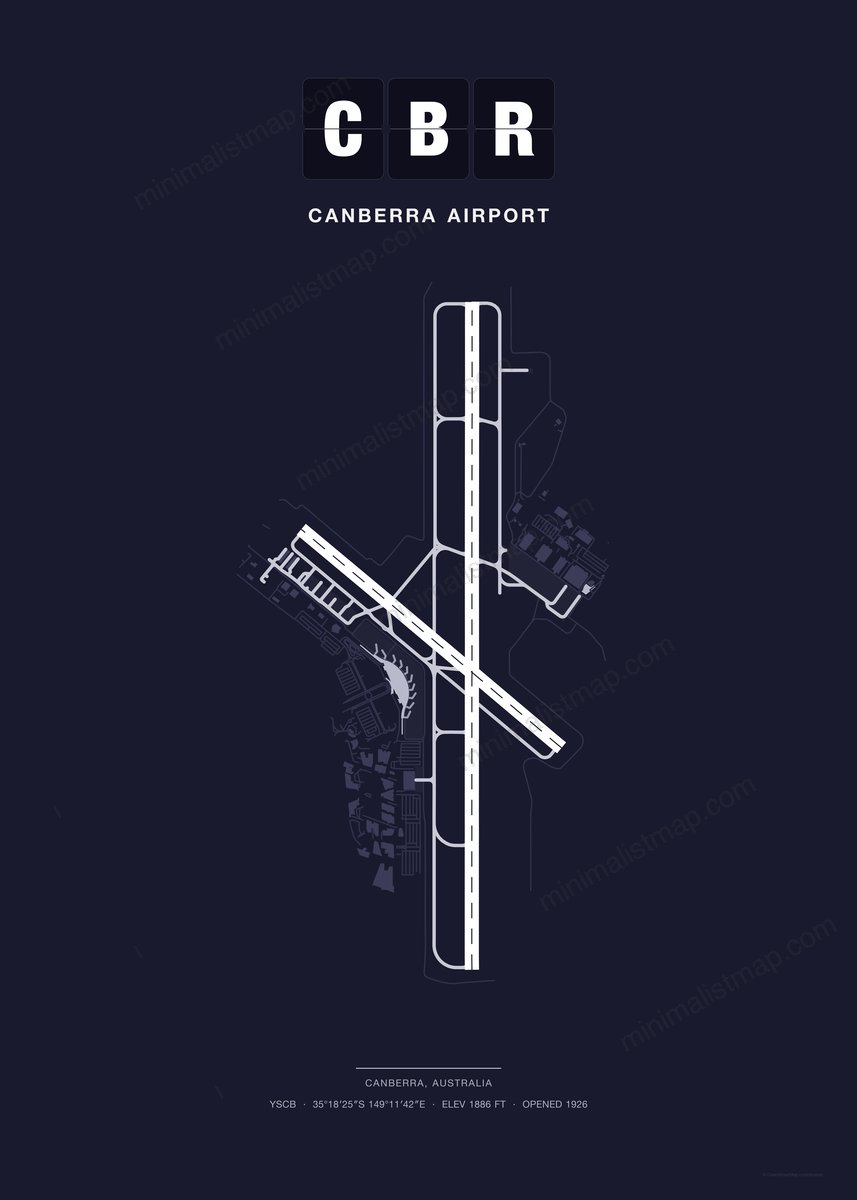 CBR Canberra Airport map poster, Dark style, minimalist navy airport map