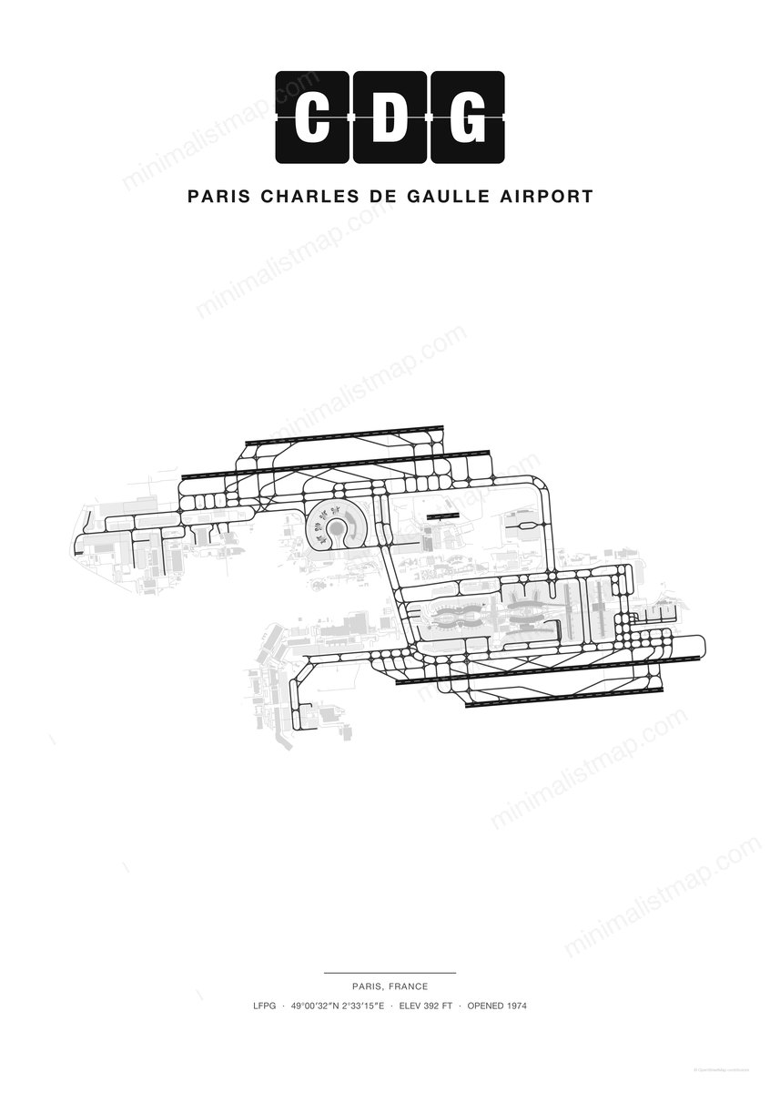 CDG Paris Charles de Gaulle Airport map poster, Classic style, minimalist black and white airport map