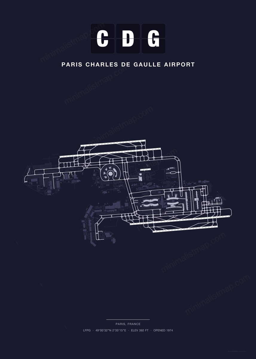 CDG Paris Charles de Gaulle Airport map poster, Dark style, minimalist navy airport map