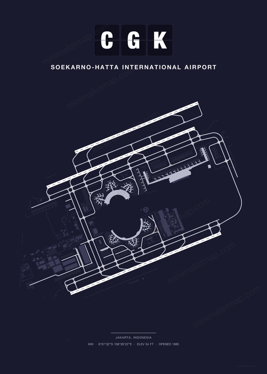 CGK Soekarno-Hatta International Airport map poster, Dark style, minimalist navy airport map