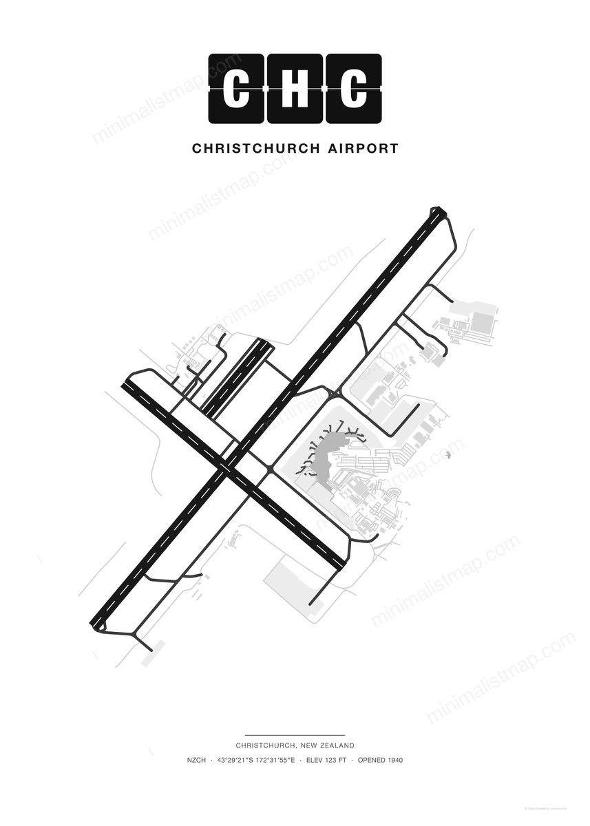 CHC Christchurch Airport map poster, Classic style, minimalist black and white airport map