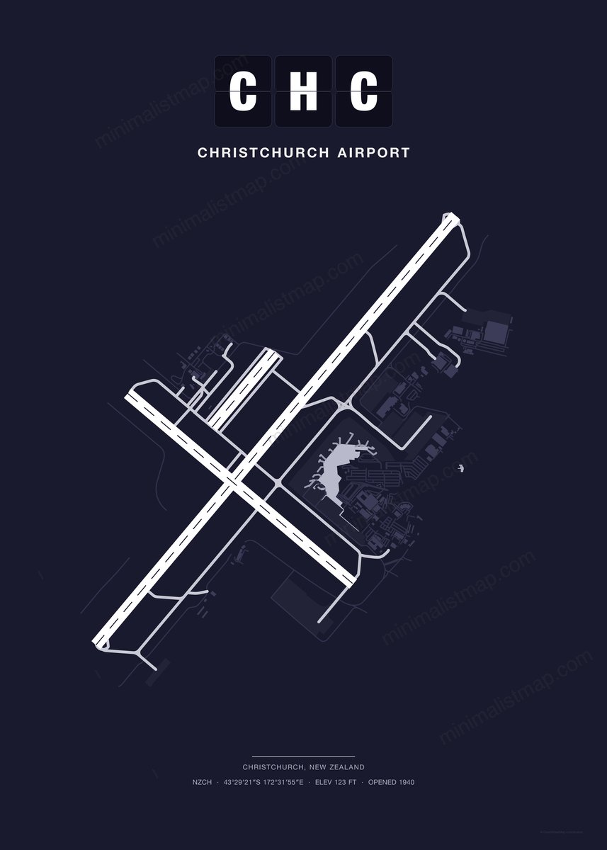 CHC Christchurch Airport map poster, Dark style, minimalist navy airport map