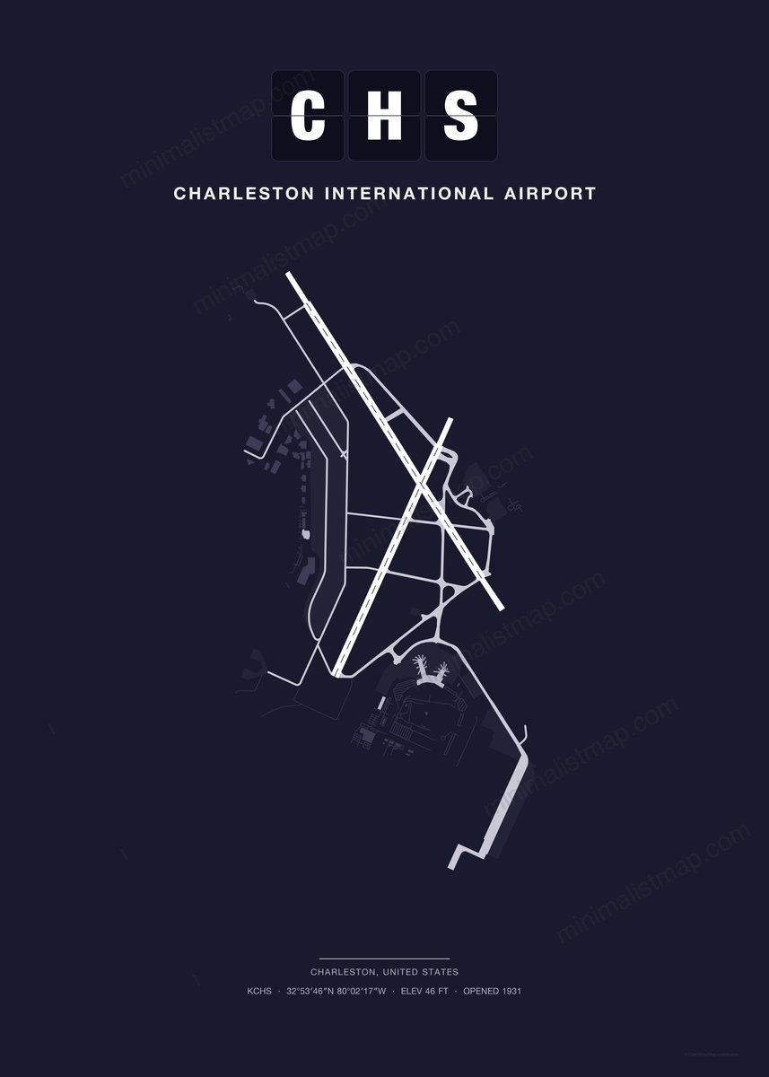 CHS Charleston International Airport map poster, Dark style, minimalist navy airport map