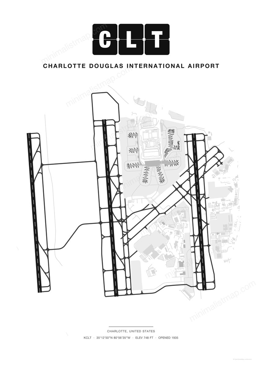 CLT Charlotte Douglas International Airport map poster, Classic style, minimalist black and white airport map
