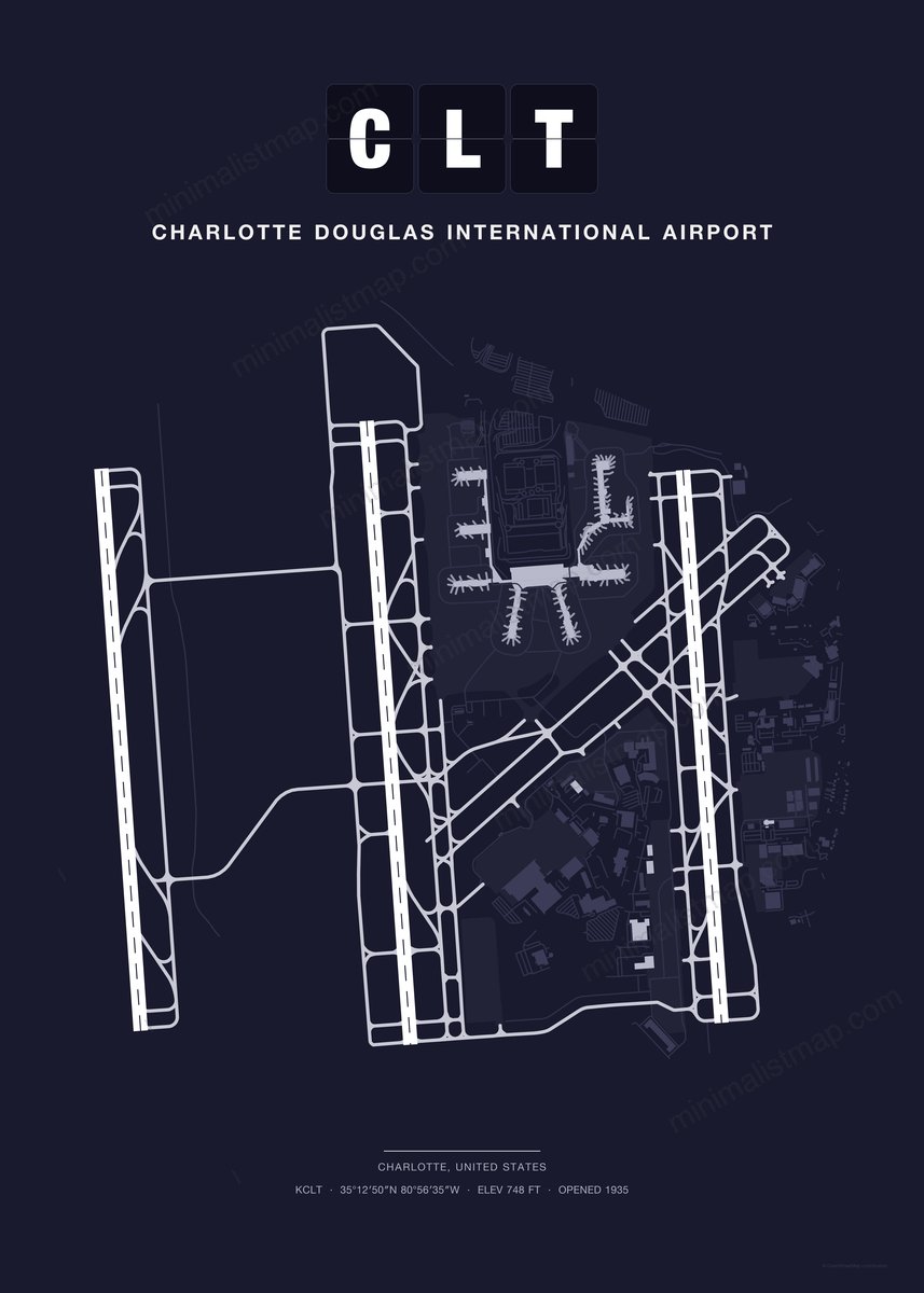 CLT Charlotte Douglas International Airport map poster, Dark style, minimalist navy airport map