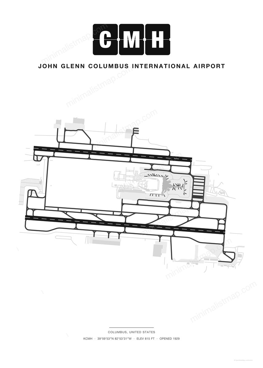 CMH John Glenn Columbus International Airport map poster, Classic style, minimalist black and white airport map