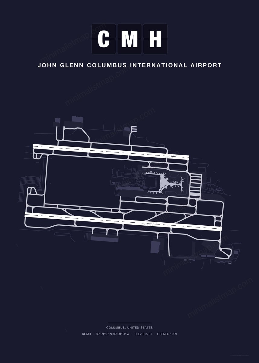 CMH John Glenn Columbus International Airport map poster, Dark style, minimalist navy airport map
