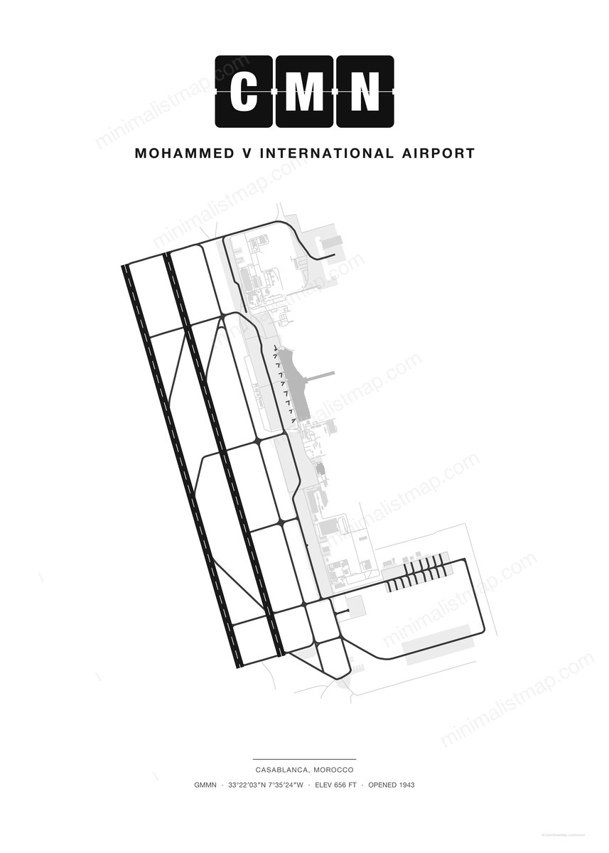 CMN Mohammed V International Airport map poster, Classic style, minimalist black and white airport map
