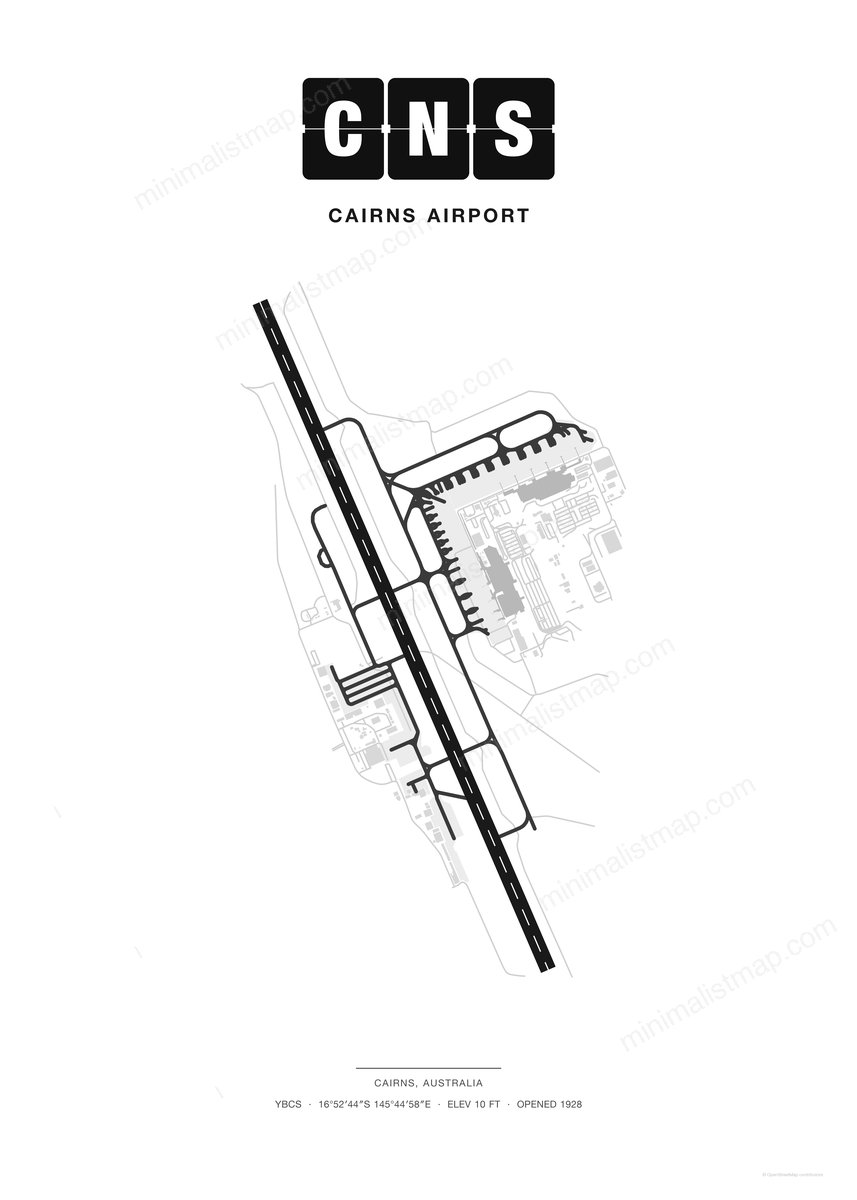CNS Cairns Airport map poster, Classic style, minimalist black and white airport map