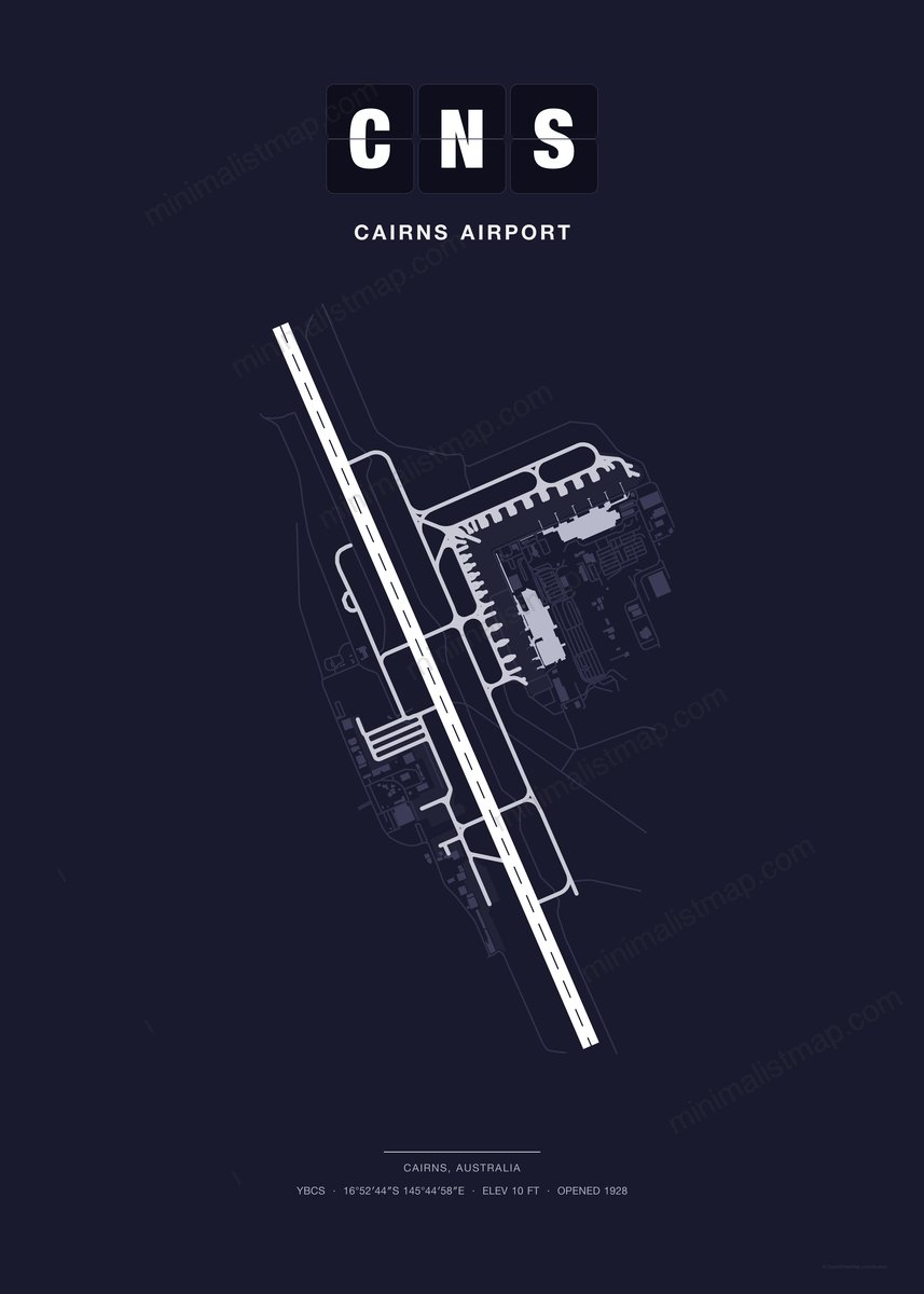 CNS Cairns Airport map poster, Dark style, minimalist navy airport map