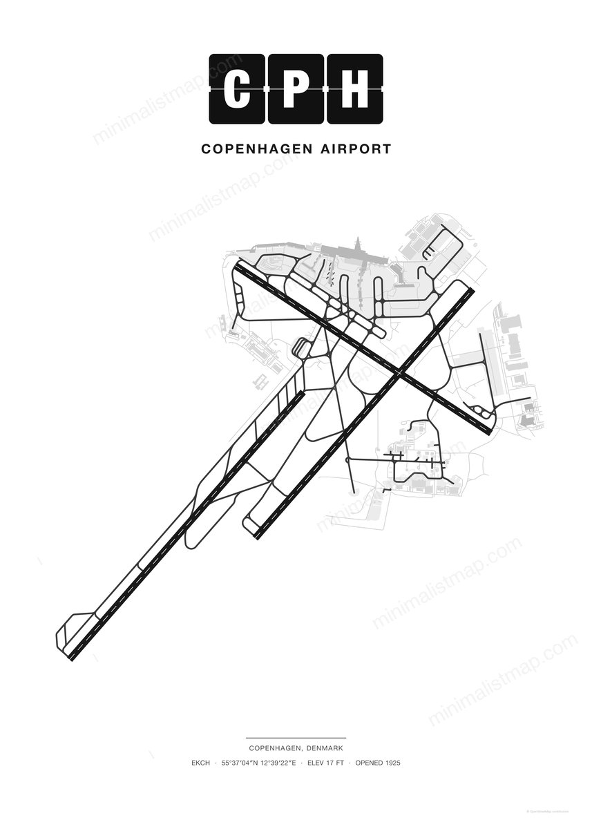 CPH Copenhagen Airport map poster, Classic style, minimalist black and white airport map