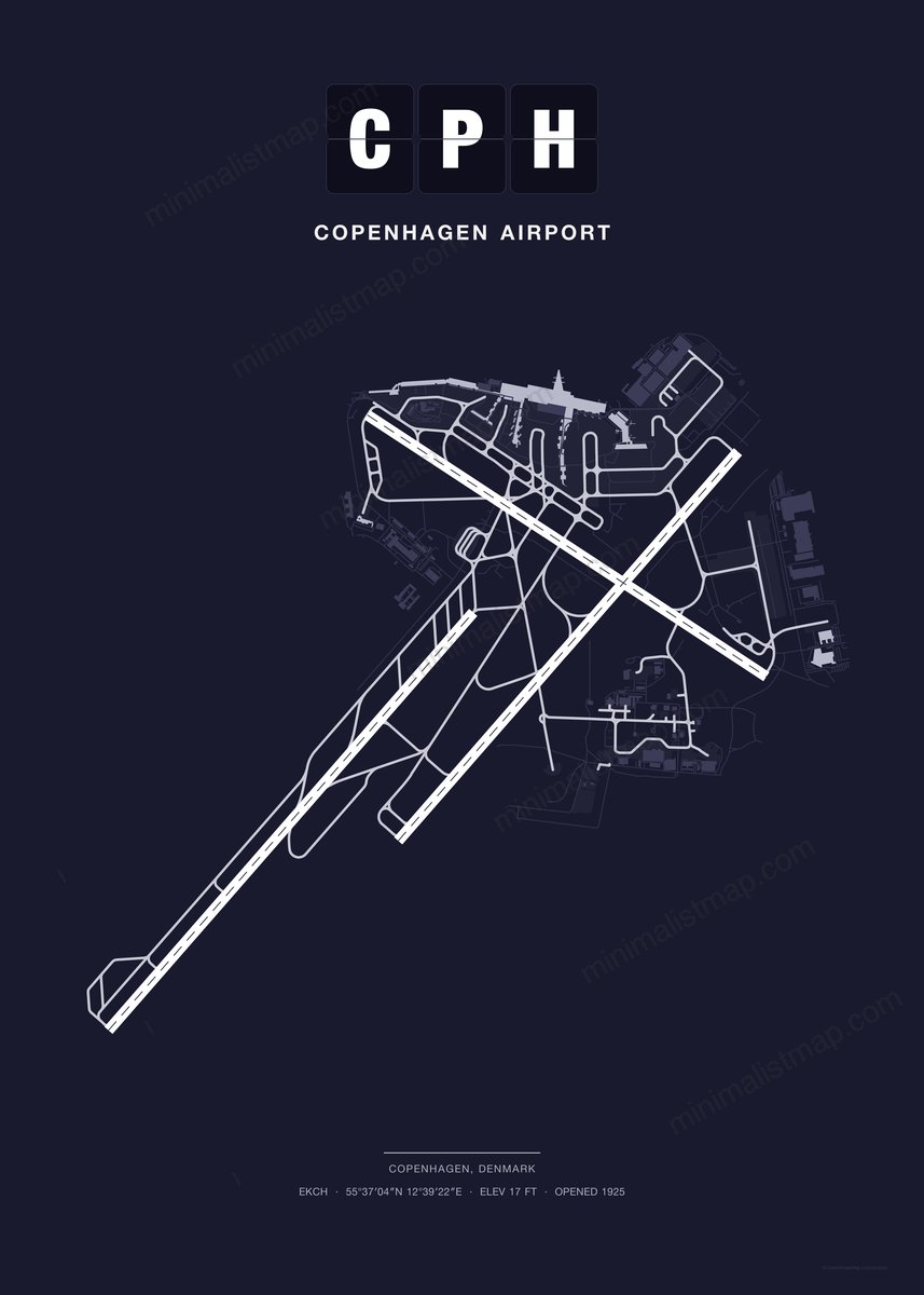 CPH Copenhagen Airport map poster, Dark style, minimalist navy airport map