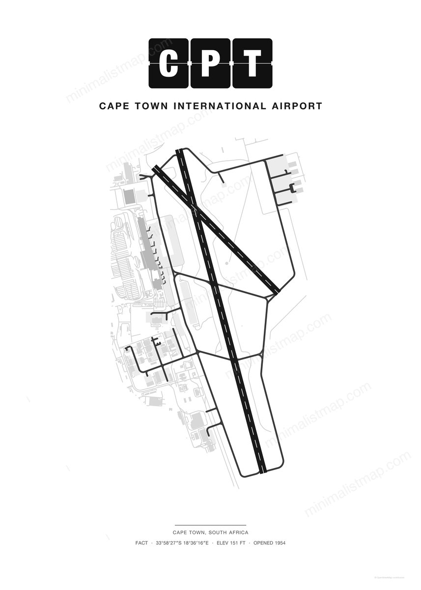 CPT Cape Town International Airport map poster, Classic style, minimalist black and white airport map