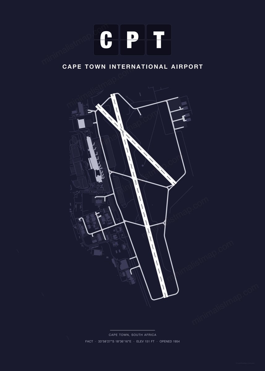 CPT Cape Town International Airport map poster, Dark style, minimalist navy airport map