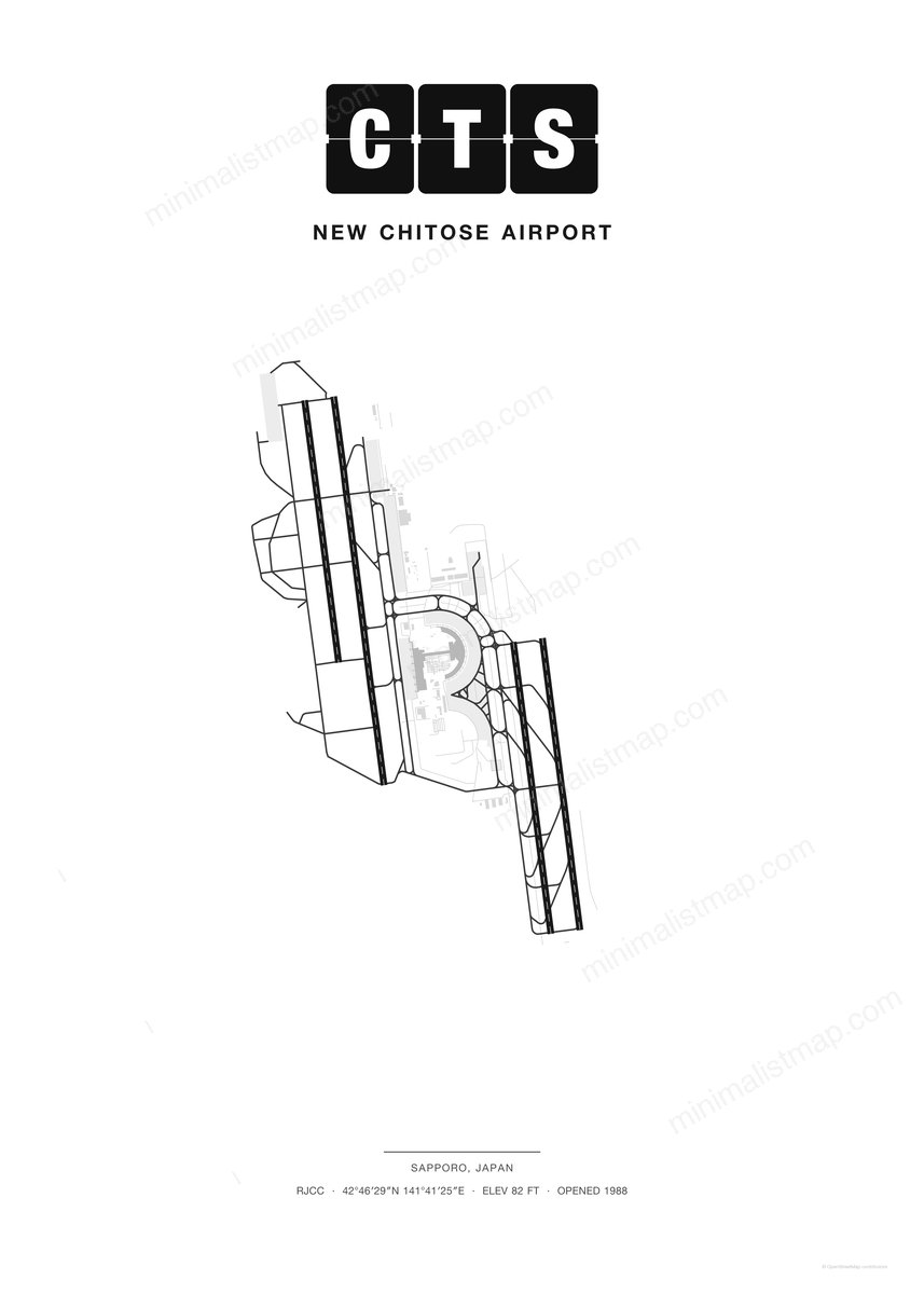 CTS New Chitose Airport map poster, Classic style, minimalist black and white airport map
