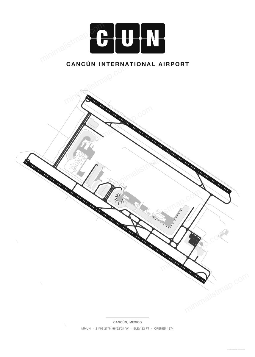 CUN Cancún International Airport map poster, Classic style, minimalist black and white airport map