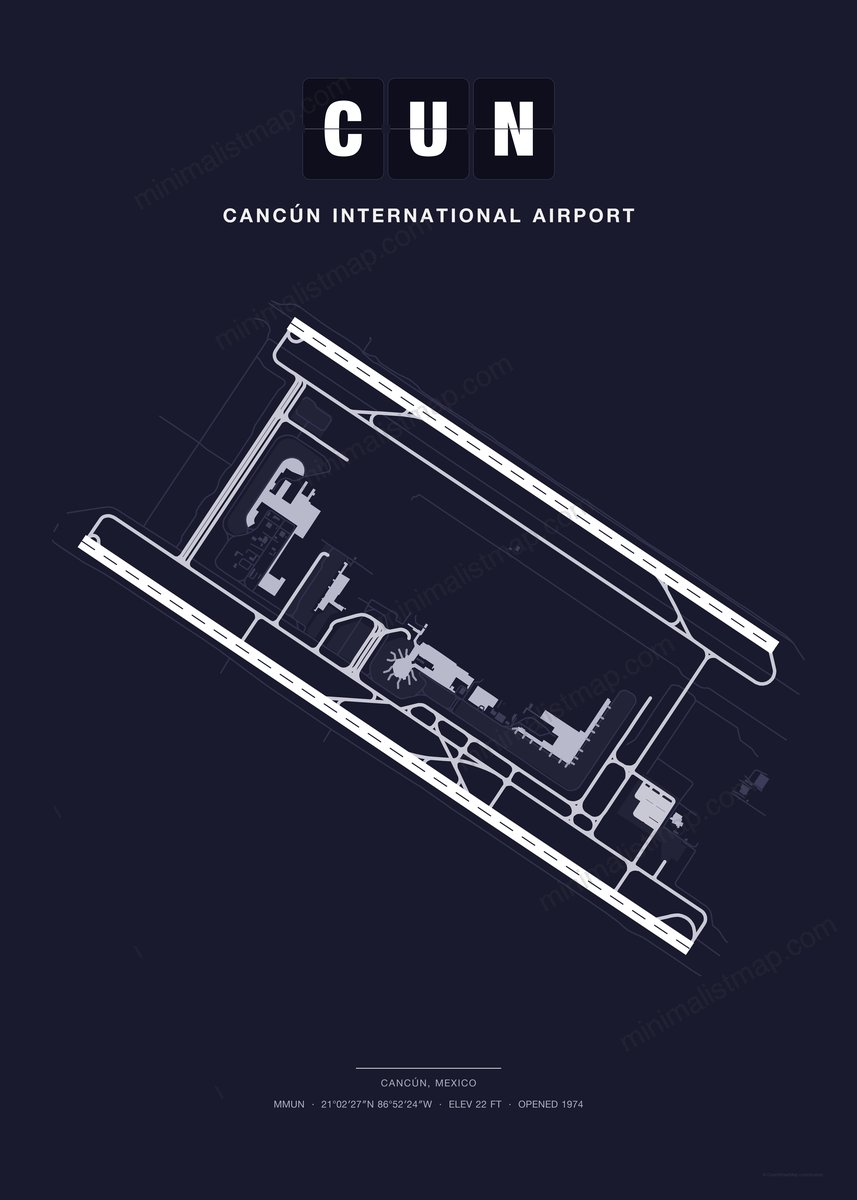 CUN Cancún International Airport map poster, Dark style, minimalist navy airport map