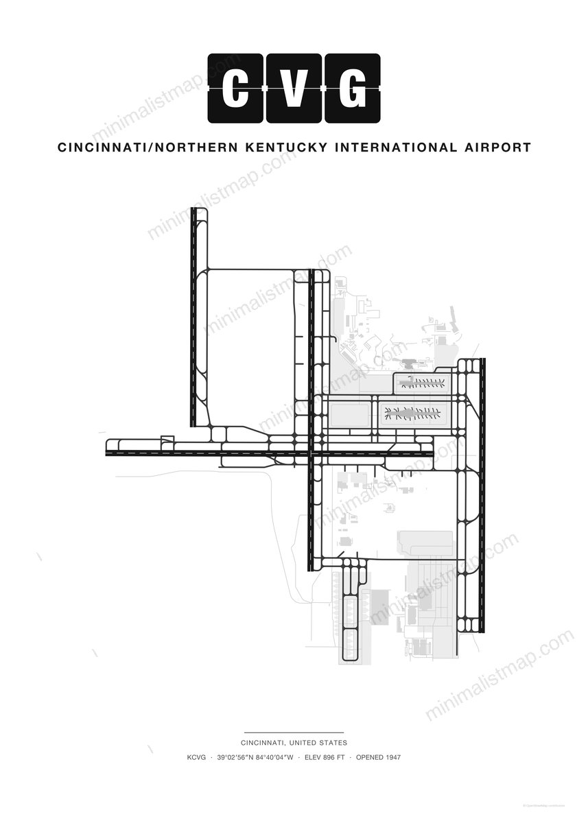 CVG Cincinnati/Northern Kentucky International Airport map poster, Classic style, minimalist black and white airport map