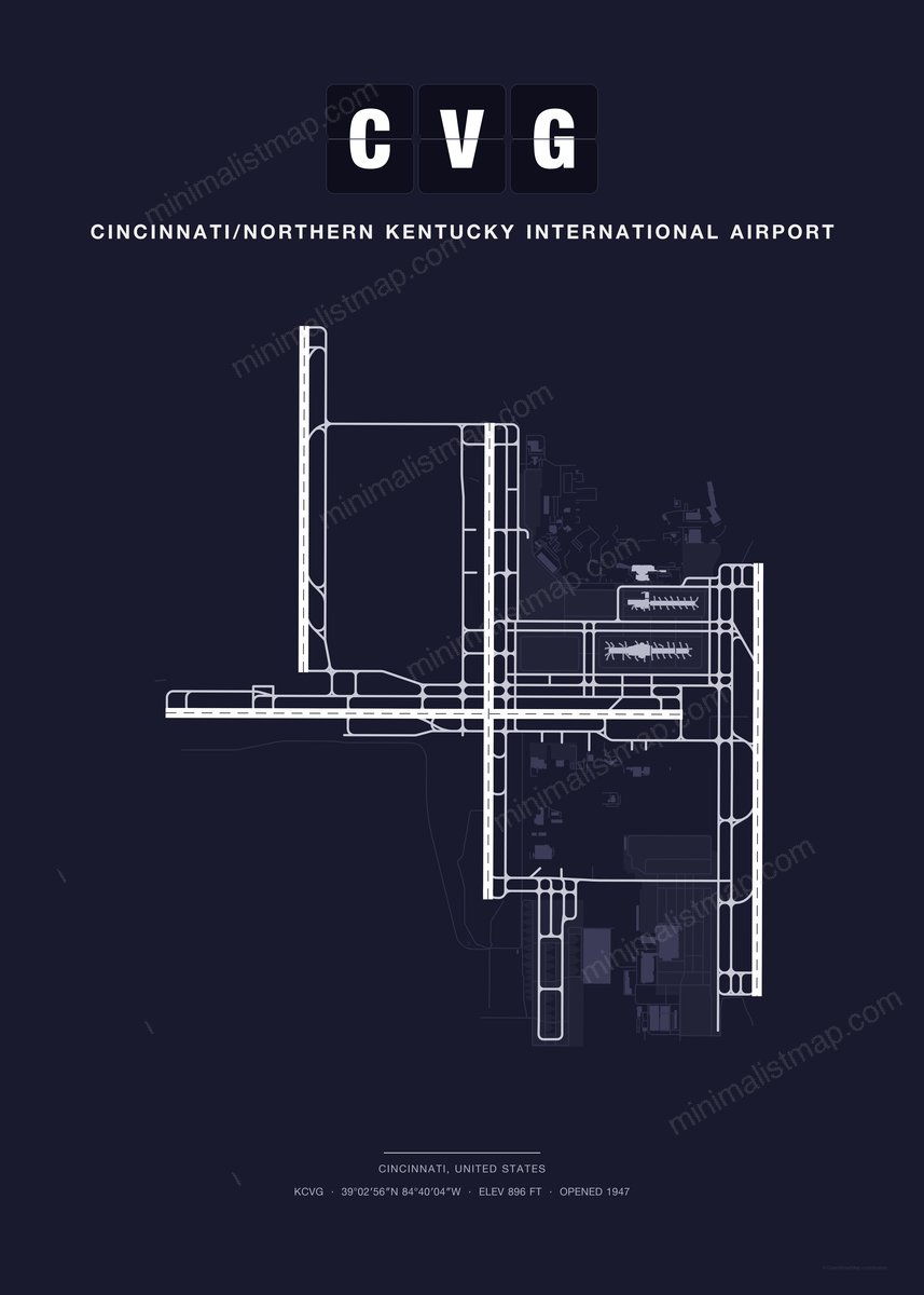 CVG Cincinnati/Northern Kentucky International Airport map poster, Dark style, minimalist navy airport map