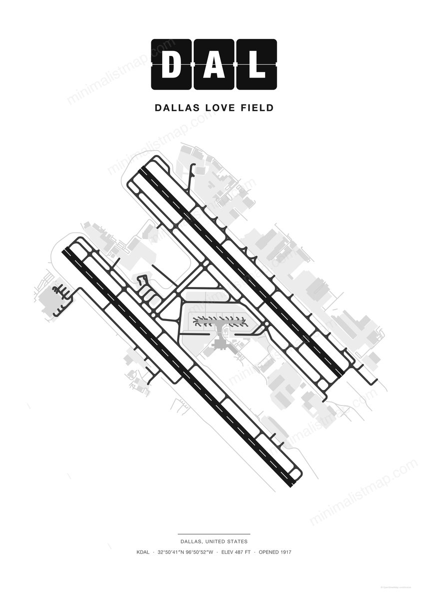 DAL Dallas Love Field map poster, Classic style, minimalist black and white airport map