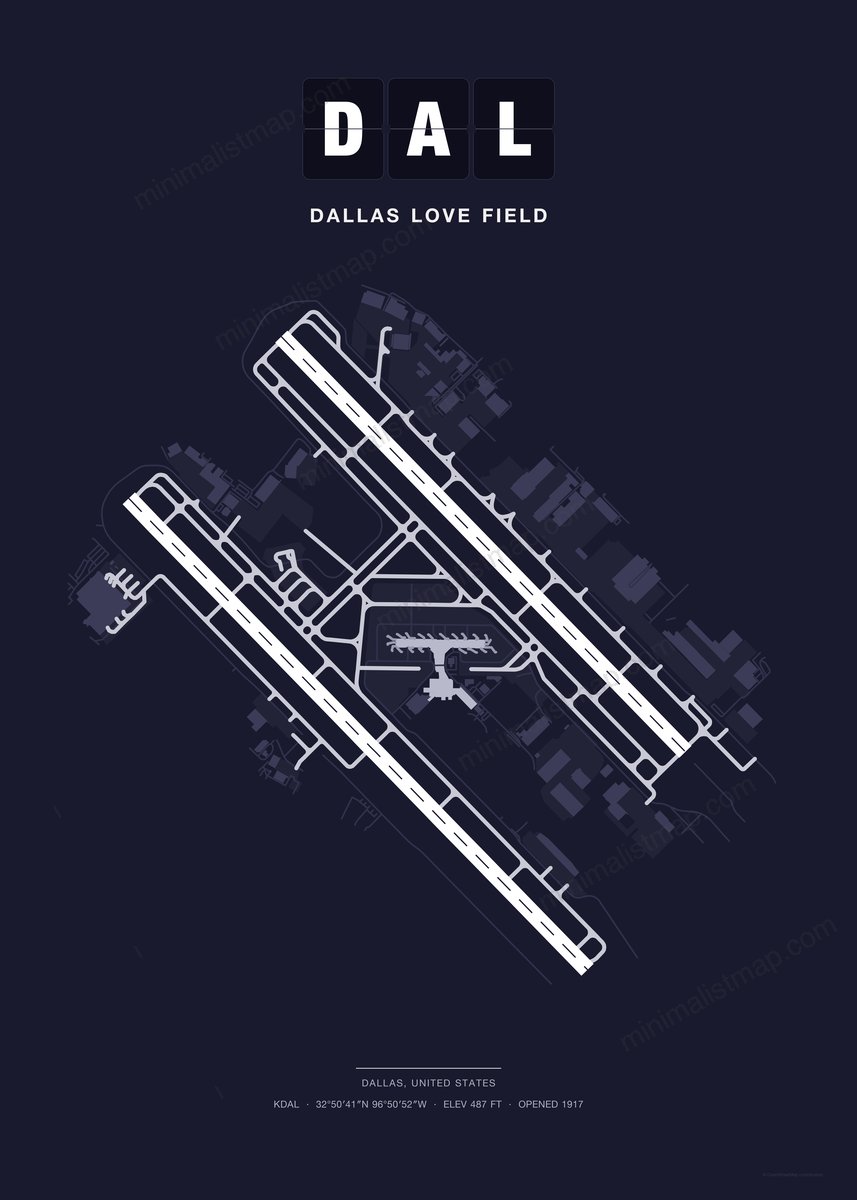 DAL Dallas Love Field map poster, Dark style, minimalist navy airport map