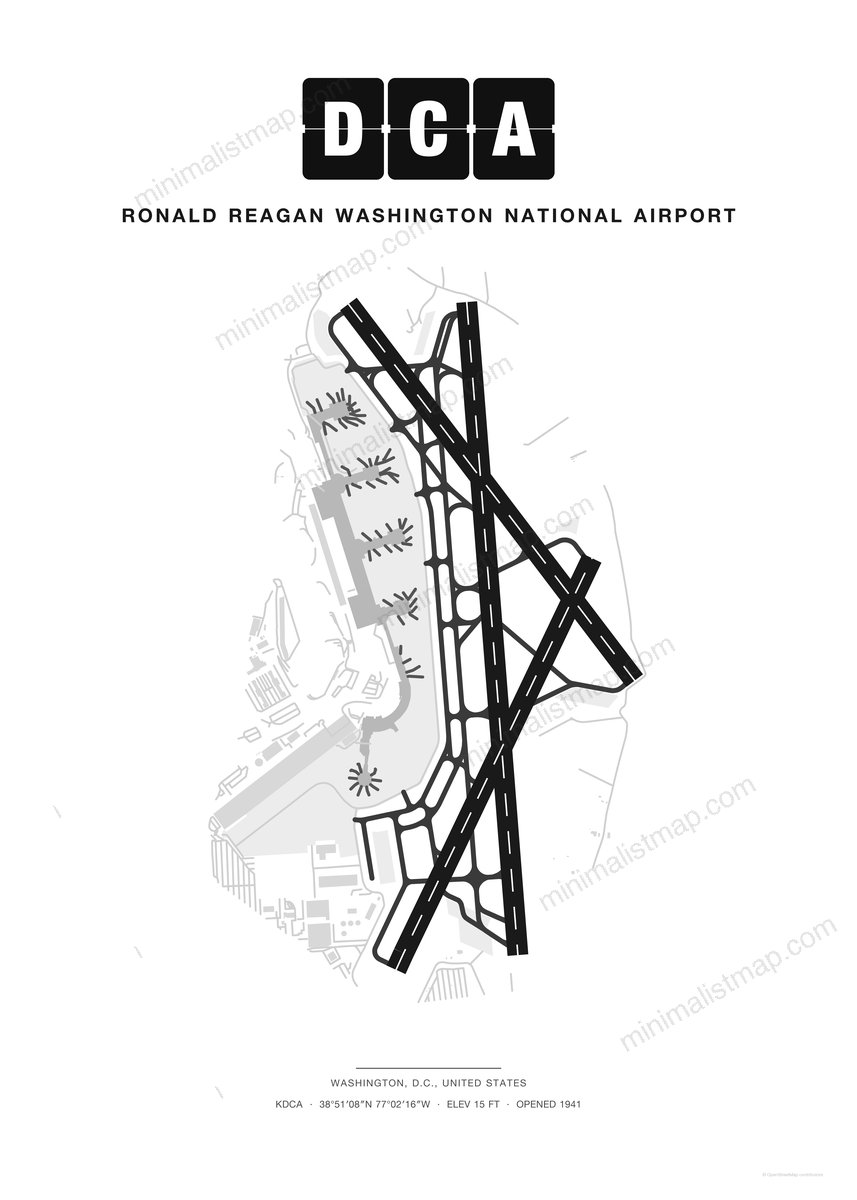 DCA Ronald Reagan Washington National Airport map poster, Classic style, minimalist black and white airport map