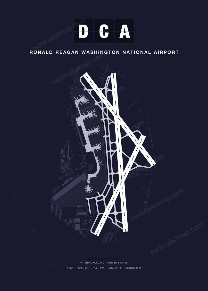 DCA Ronald Reagan Washington National Airport map poster, Dark style, minimalist navy airport map