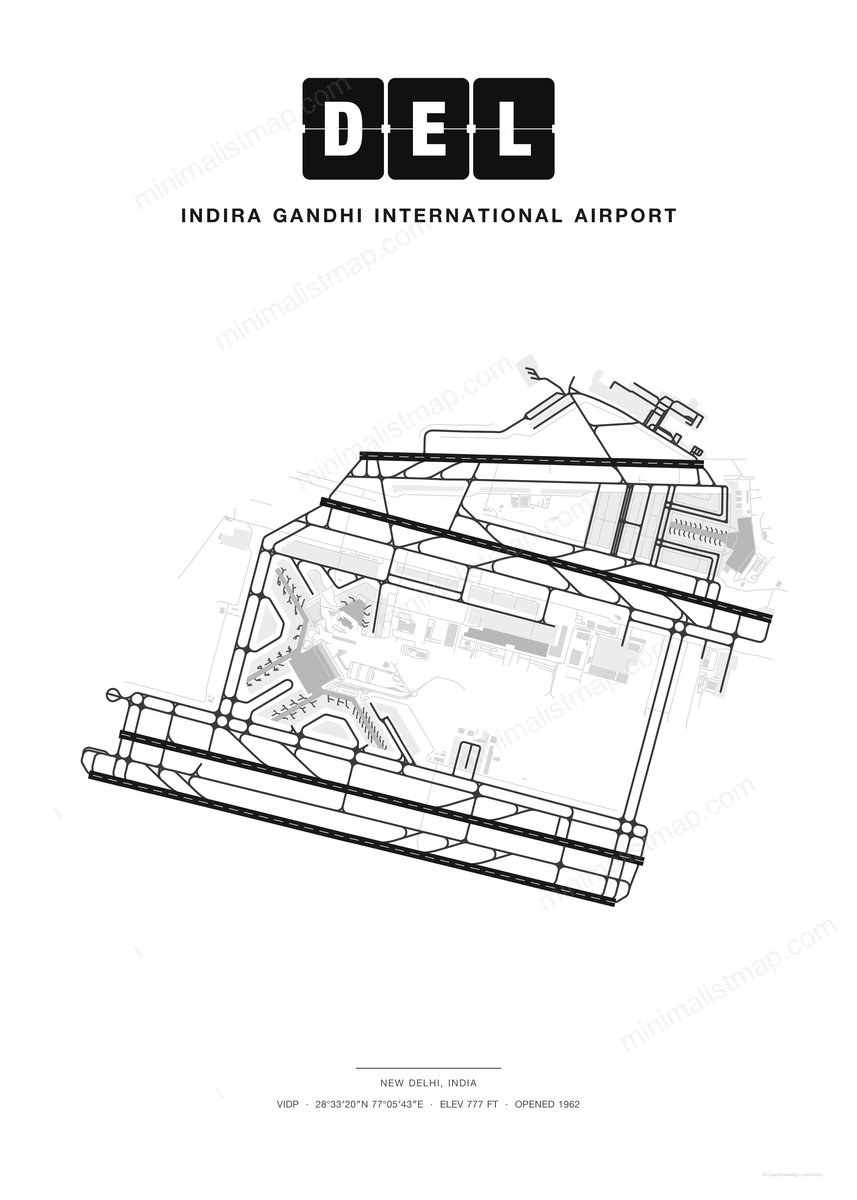 DEL Indira Gandhi International Airport map poster, Classic style, minimalist black and white airport map