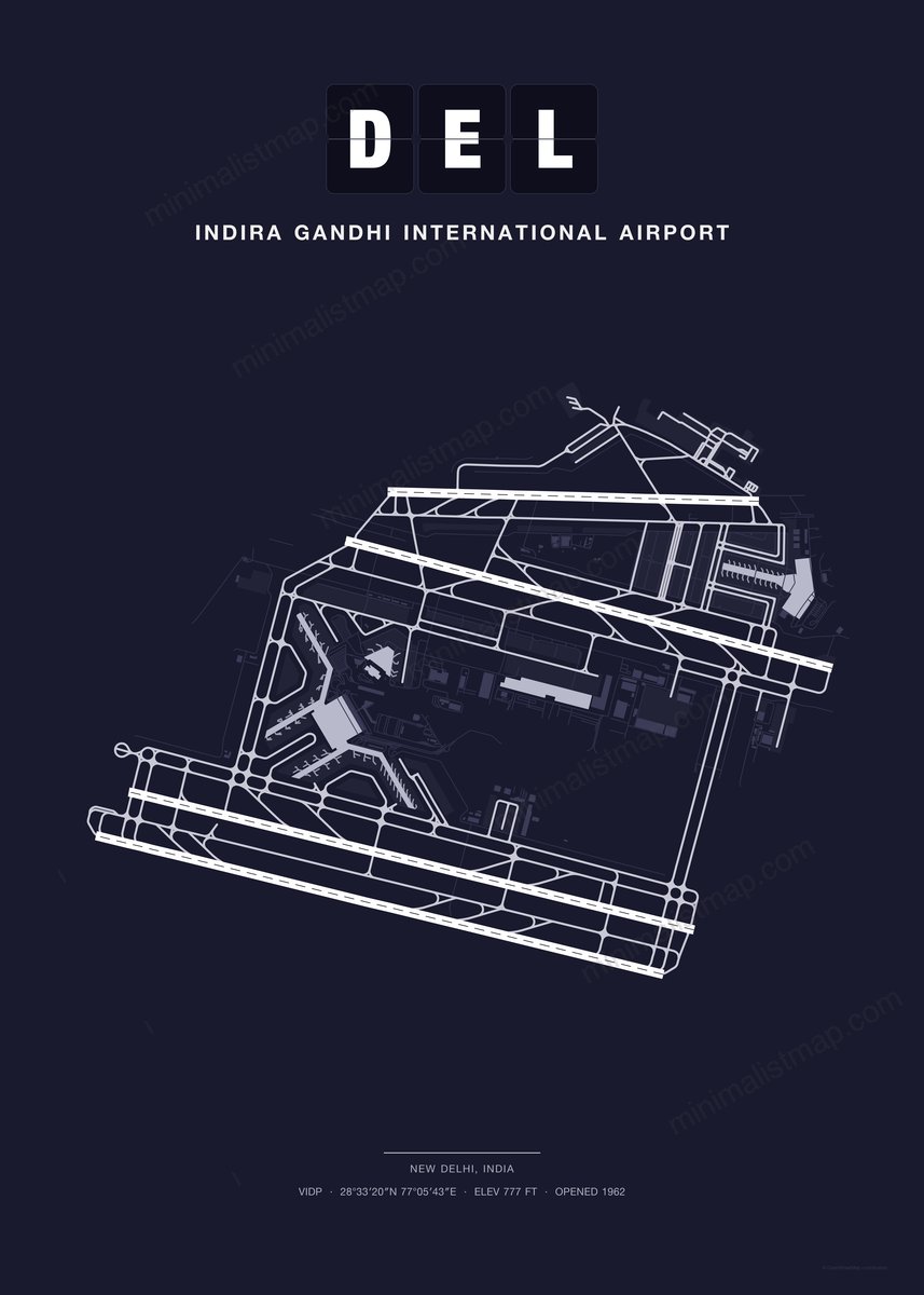 DEL Indira Gandhi International Airport map poster, Dark style, minimalist navy airport map