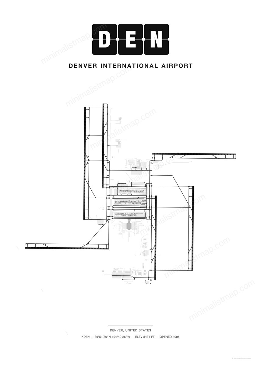 DEN Denver International Airport map poster, Classic style, minimalist black and white airport map
