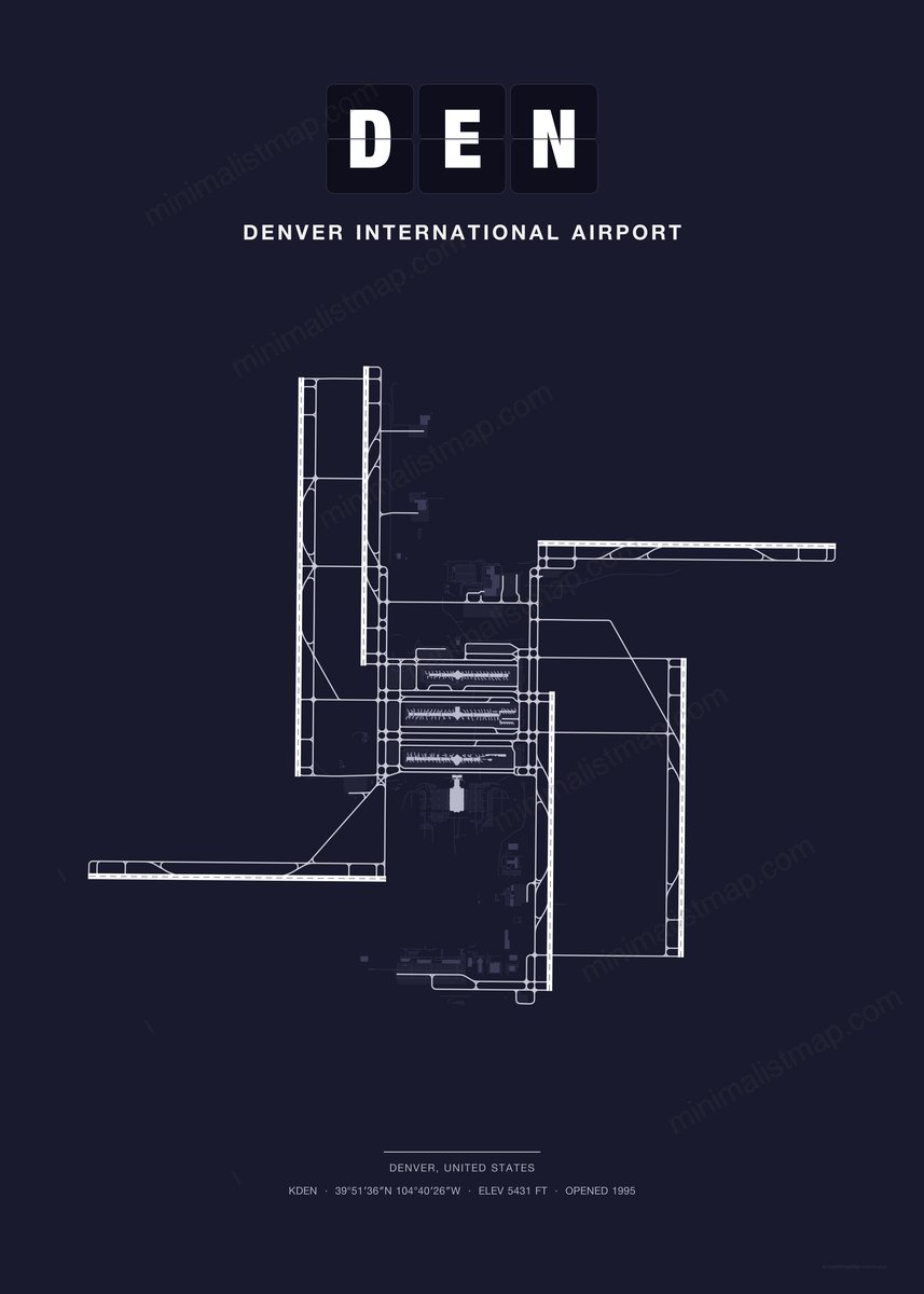 DEN Denver International Airport map poster, Dark style, minimalist navy airport map