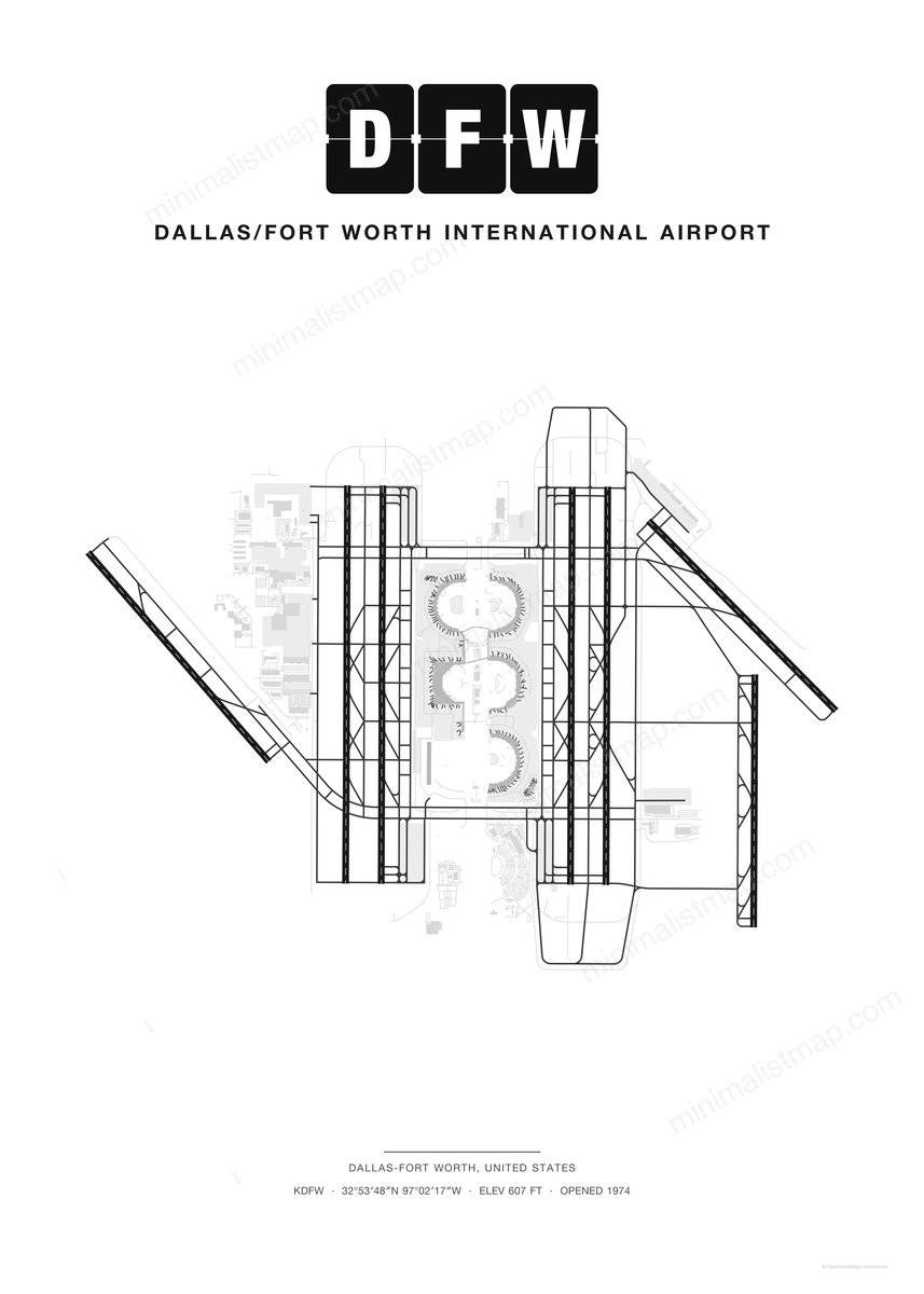 DFW Dallas/Fort Worth International Airport map poster, Classic style, minimalist black and white airport map