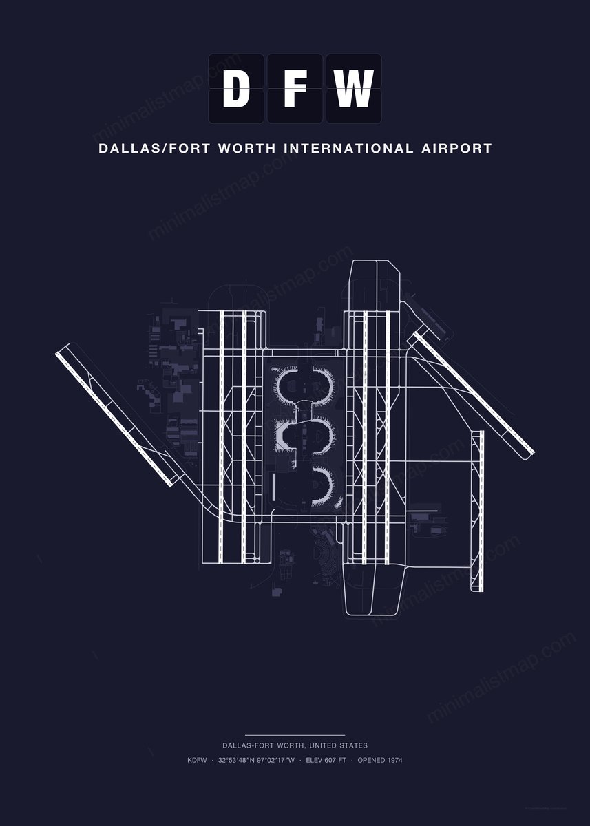 DFW Dallas/Fort Worth International Airport map poster, Dark style, minimalist navy airport map