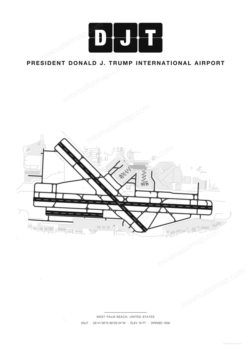DJT President Donald J. Trump International Airport map poster, Classic style, minimalist black and white airport map