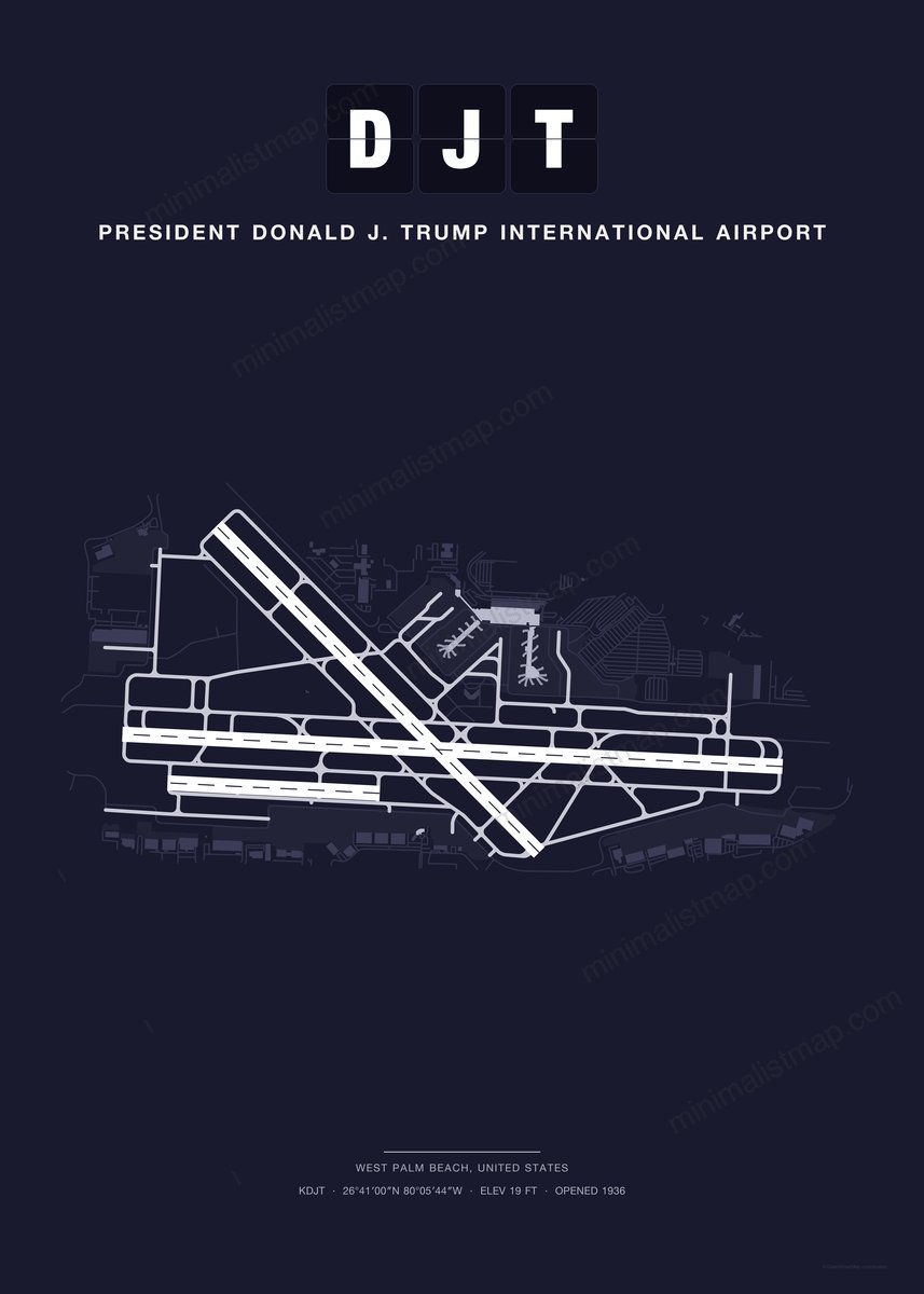 DJT President Donald J. Trump International Airport map poster, Dark style, minimalist navy airport map