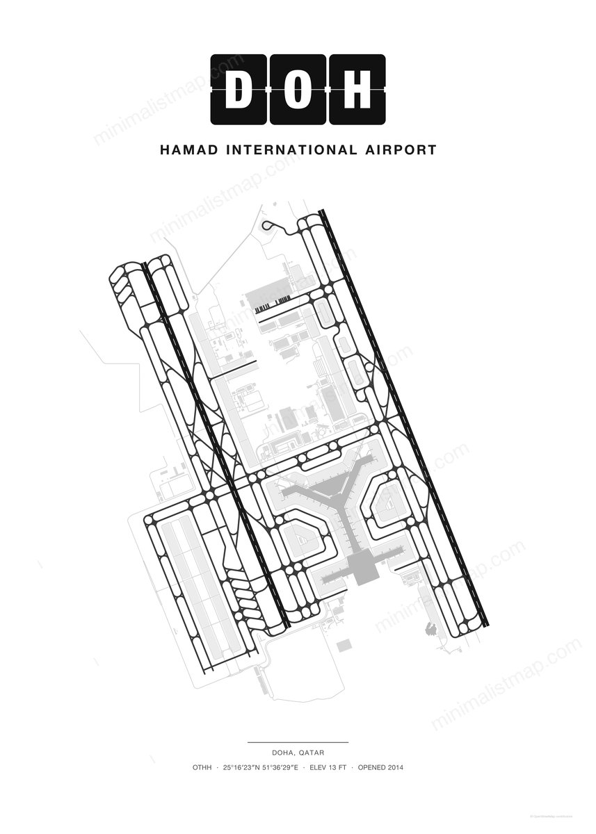 DOH Hamad International Airport map poster, Classic style, minimalist black and white airport map