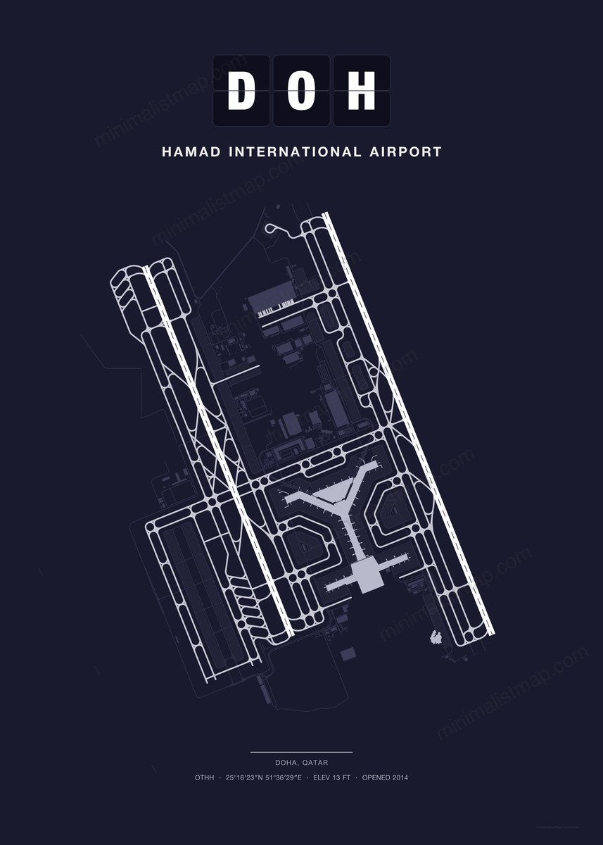 DOH Hamad International Airport map poster, Dark style, minimalist navy airport map
