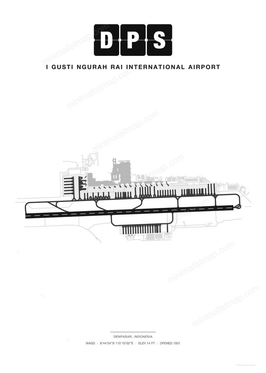 DPS I Gusti Ngurah Rai International Airport map poster, Classic style, minimalist black and white airport map