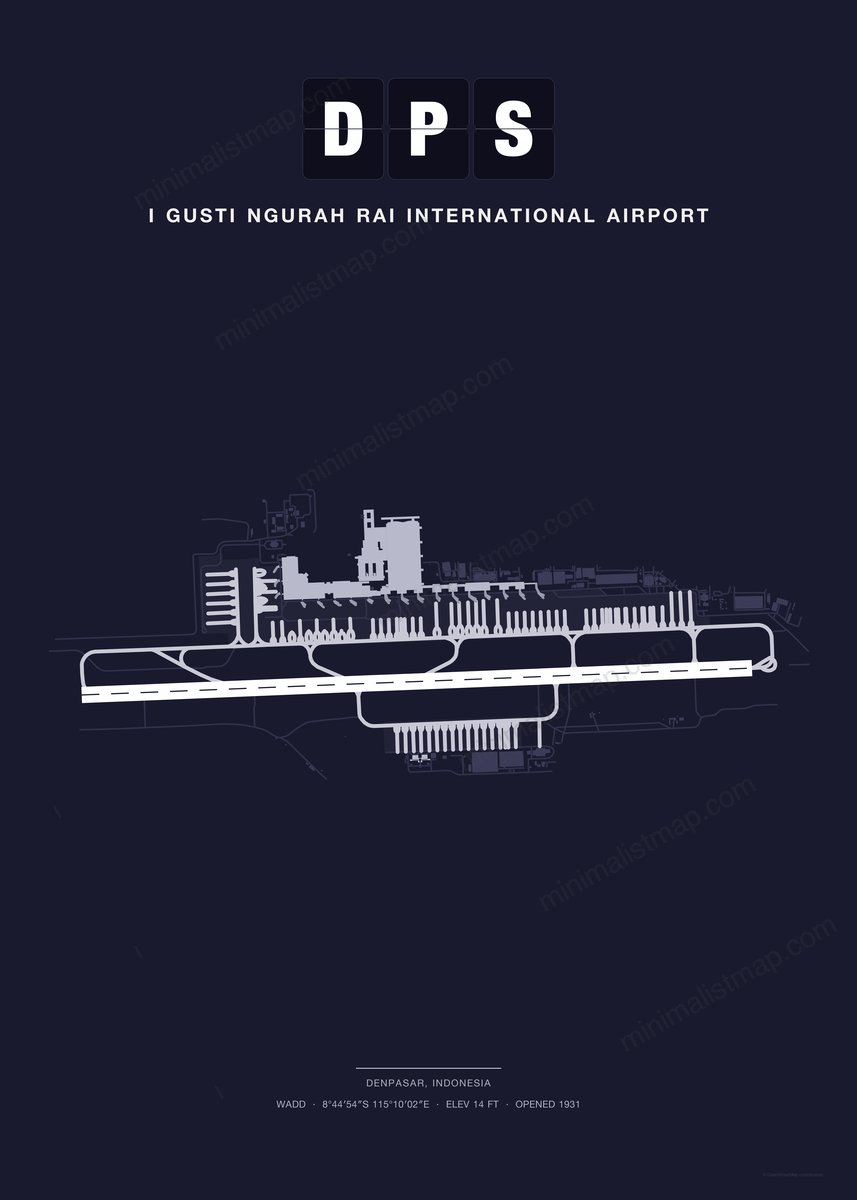DPS I Gusti Ngurah Rai International Airport map poster, Dark style, minimalist navy airport map