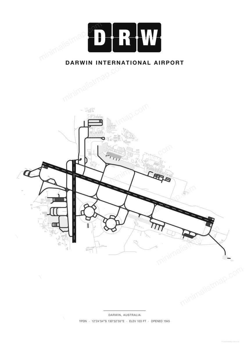 DRW Darwin International Airport map poster, Classic style, minimalist black and white airport map