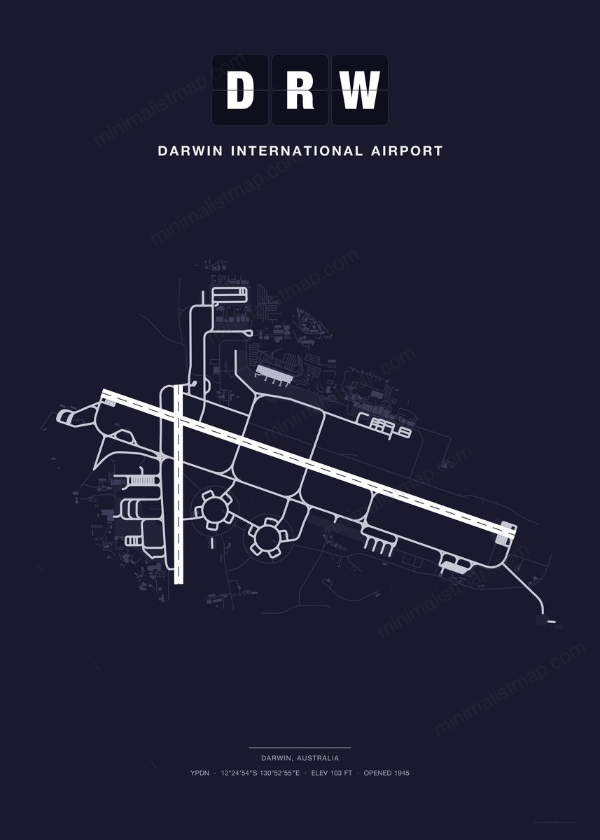 DRW Darwin International Airport map poster, Dark style, minimalist navy airport map